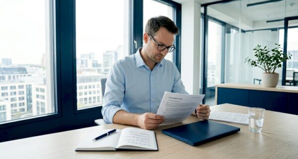 Ein Compliance-Beauftragter prüft juristische Unterlagen auf ihre Rechtmäßigkeit und Einhaltung interner Richtlinien.