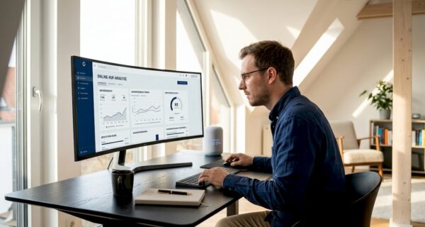 Ein Mann analysiert die digitale Reputation eines Unternehmens.