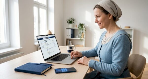 Eine Frau sitzt im Homeoffice und wertet Kundenbewertungen aus dem Internet aus.