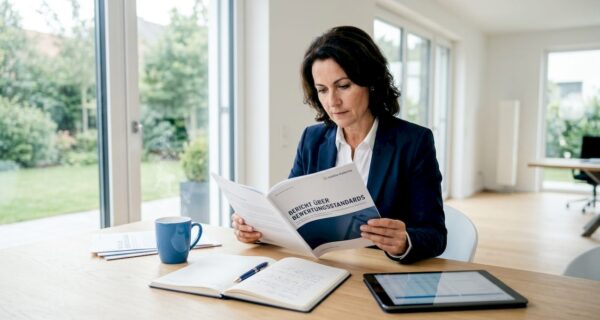 Eine Frau sitzt im Homeoffice und vertieft sich in einen Bericht über Bewertungsstandards.